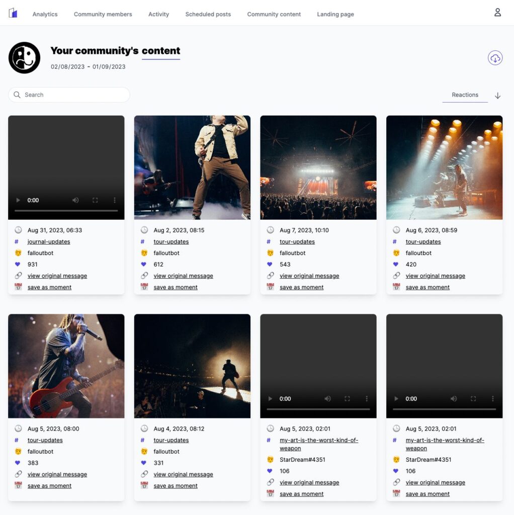 A content management dashboard showcasing recent media posts from a community. Each content card displays a thumbnail (either an image or video), post date, channel name (e.g., "#tour-updates"), bot or user who posted (e.g., "falloutbot"), and engagement data like reaction counts. Options to "view original message" and "save as moment" are provided for each entry. The dashboard includes filters and navigation for content analytics, community members, activity, and scheduled posts. The interface emphasizes easy tracking and archiving of key posts within the community.