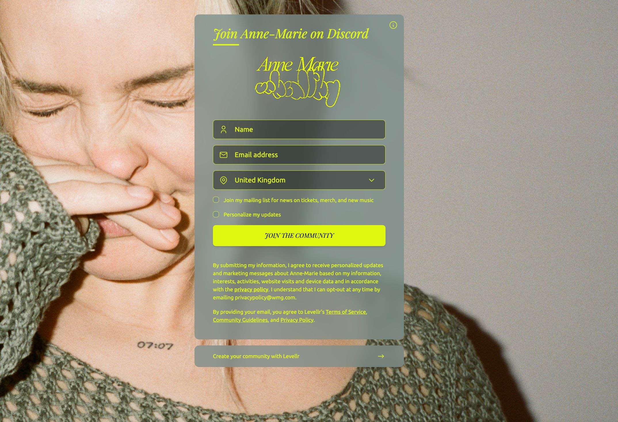 A promotional custom landing page inviting users to join Anne-Marie's community on Discord. The page features Anne-Marie's name and logo in neon yellow, overlayed on a portrait of her smiling with her eyes closed and hand covering her mouth. The sign-up form includes fields for name, email address, country, and options to personalize updates and join a mailing list. Bright yellow call-to-action buttons and text emphasize community engagement.