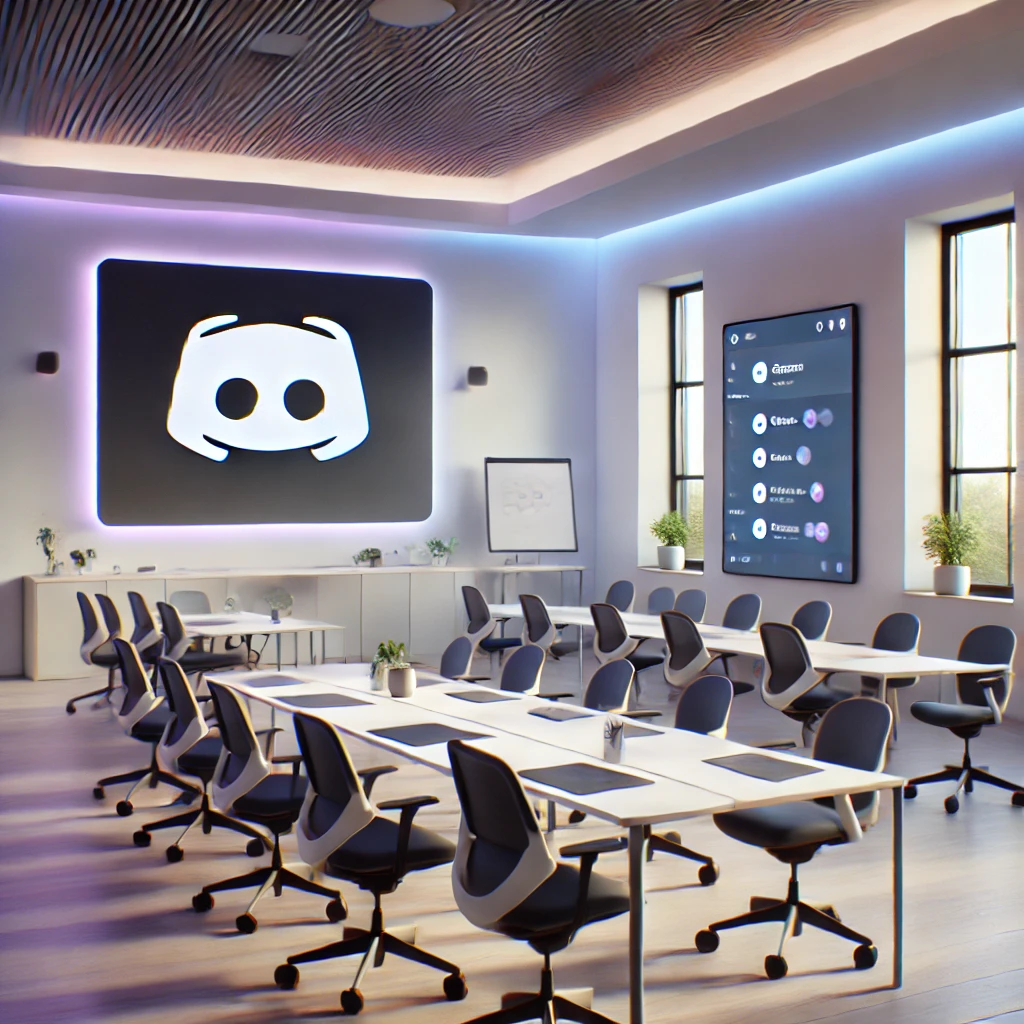 A minimalistic, modern classroom at Discord HQ with a clean layout. The room features a large digital whiteboard, ergonomic chairs, and simple desks. Soft LED lighting in shades of blue and purple adds a tech-inspired touch, while natural light streams in from large windows, creating a calm and collaborative atmosphere.