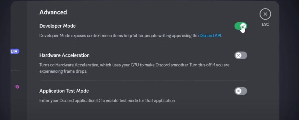 A screenshot of Discord showing where the Developer mode toggle exists within settings