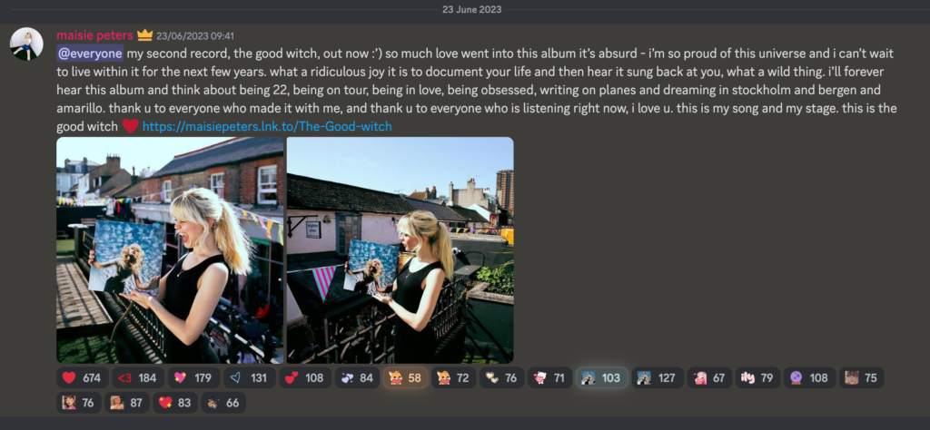 Screenshot of the Maisie Peters Discord community where she announced her new record