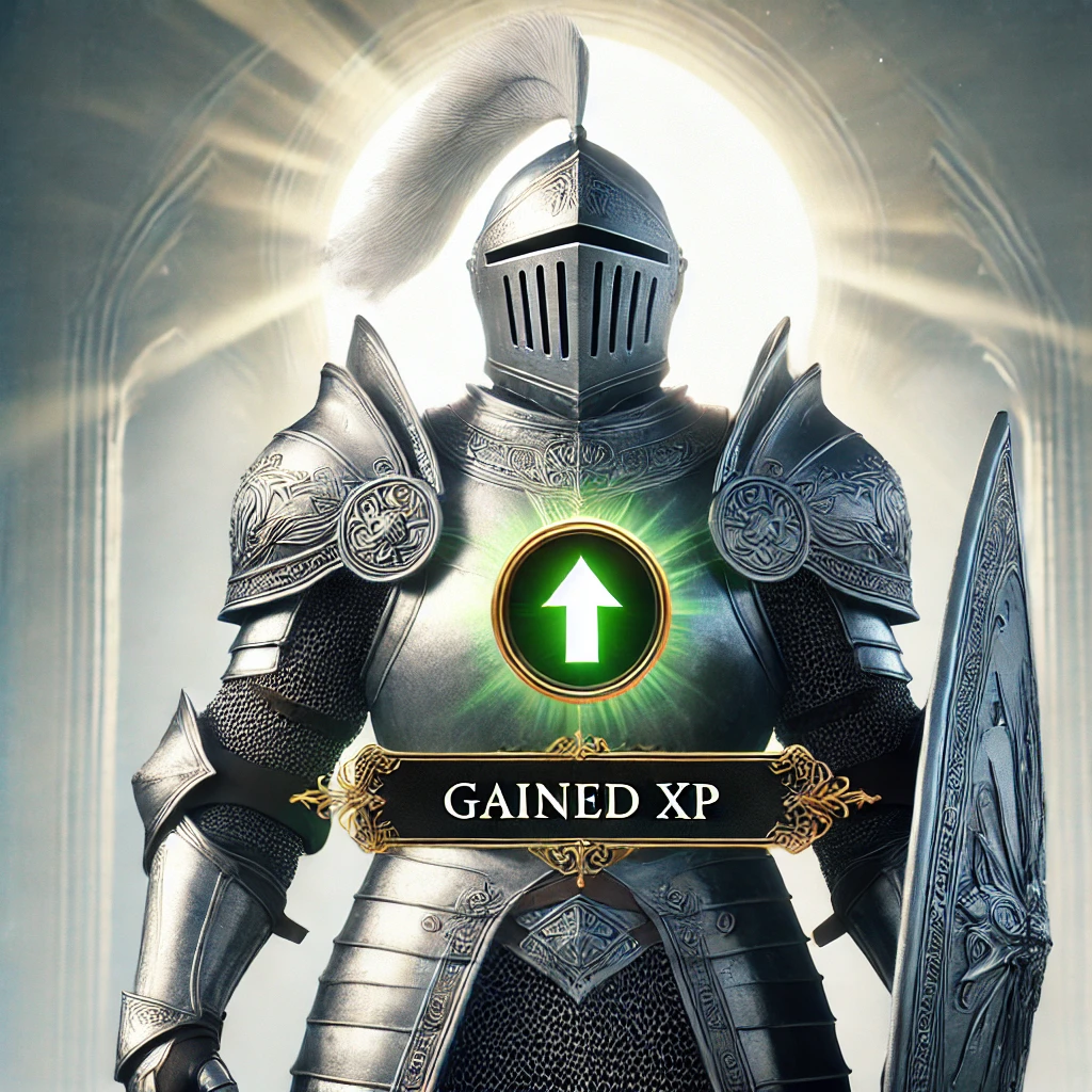 A medieval knight standing triumphantly with a large, protective shield. Above his head is a glowing green arrow pointing upwards, symbolizing gained experience points (XP). The knight's detailed silver armor gleams under a bright, ethereal light, with a faint castle silhouette in the background, conveying a sense of victory and growth.