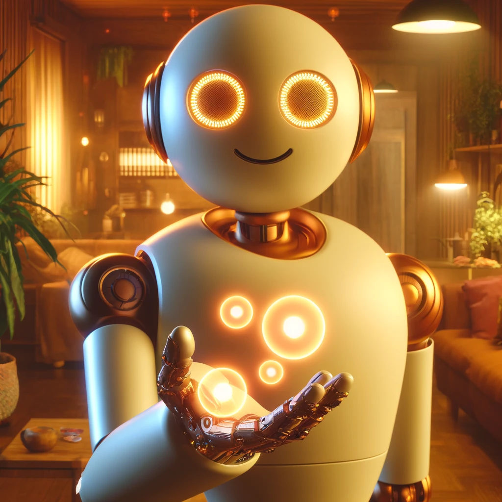 A friendly, futuristic robot with glowing eyes and a gentle smile hands out softly glowing experience points. The setting is cozy, featuring warm lighting, wooden textures, plants, and earthy tones, creating a comforting blend of technology and warmth.