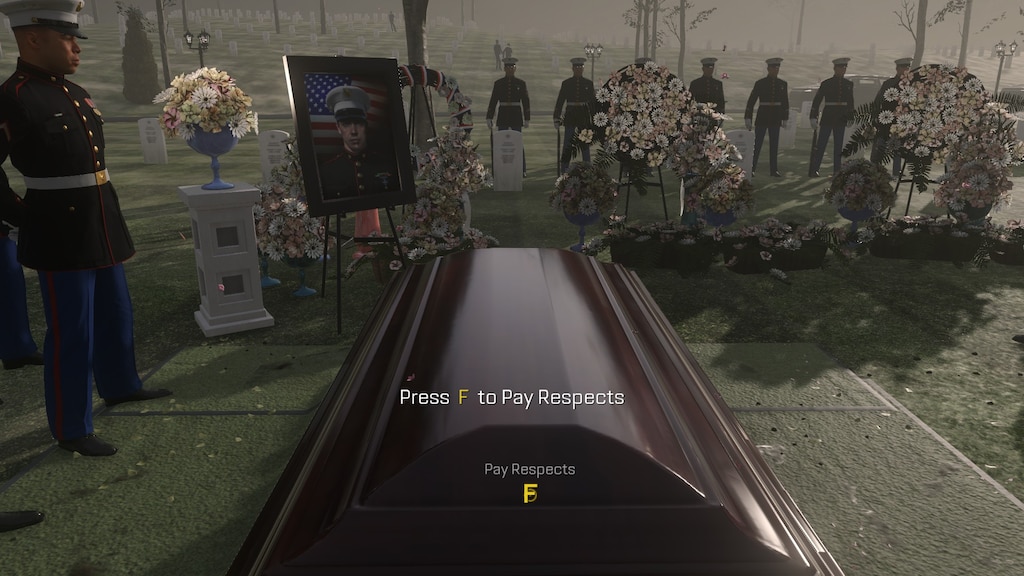 A scene from Call of Duty: Advanced Warfare depicting a military funeral. A coffin is in the foreground, surrounded by uniformed soldiers and floral arrangements. A framed photo of a fallen Marine stands among the flowers. The on-screen prompt reads: 'Press F to Pay Respects,' referencing the infamous quick-time event from the game.