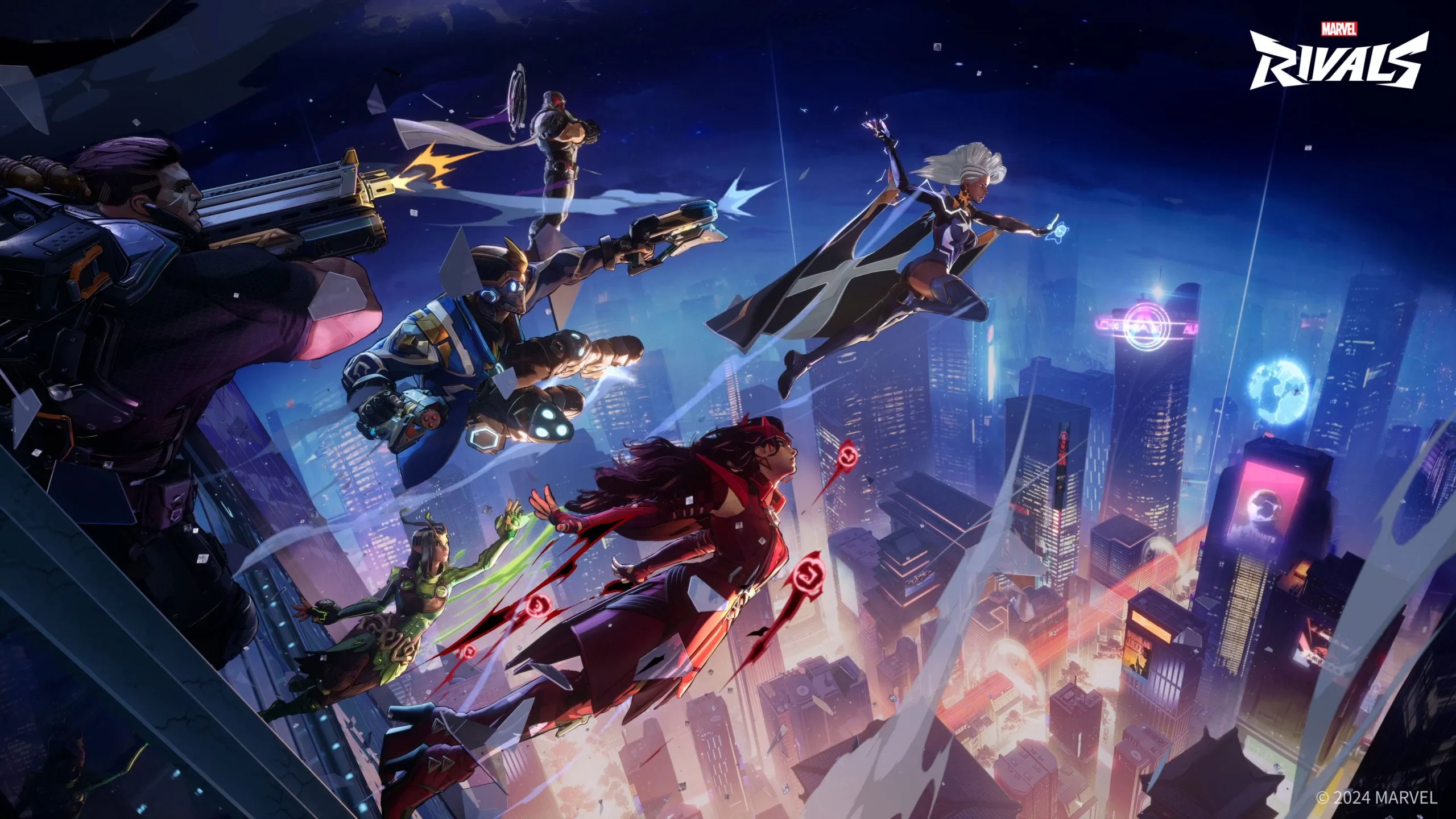 Dynamic scene from Marvel Rivals, featuring several Marvel characters, including Storm, in mid-action above a futuristic cityscape. Characters are leaping, flying, and engaging in combat as neon lights illuminate the skyline below.