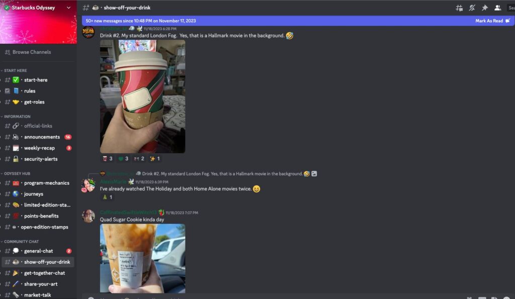 Starbucks superfans show off their emojis (and their drinks) in the Discord server.